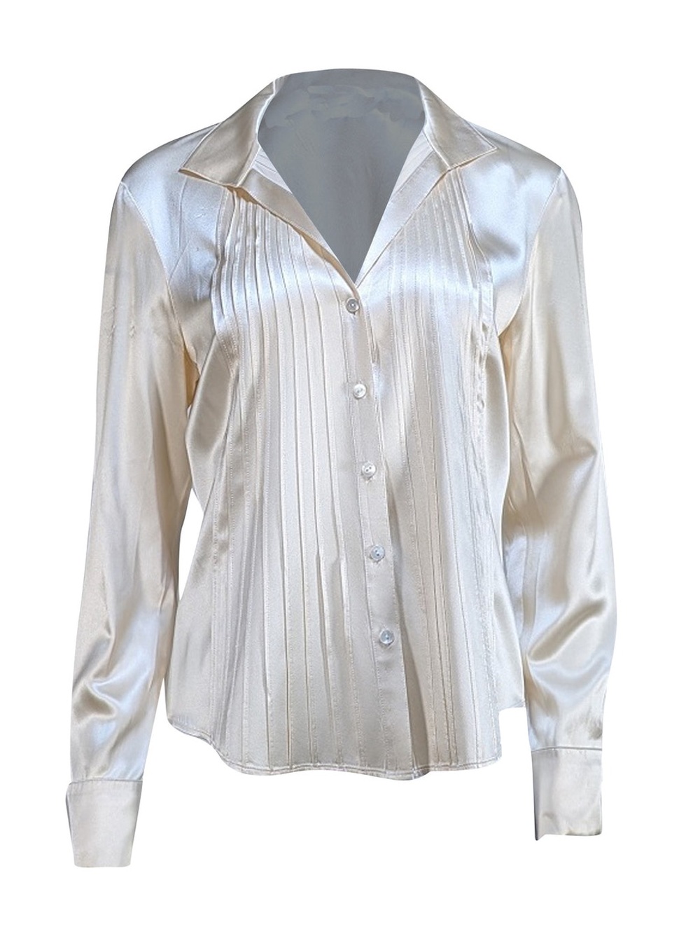 Lafayette 148 New York Champagne White 100% Silk Pleated Collared Blouse Sz 8